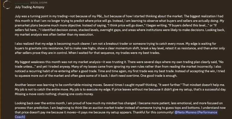 Text passage about July trading autopsy discussing market losses, decision-making mistakes, and lessons learned from trading experiences