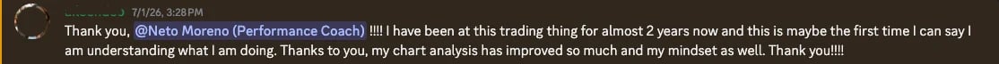Testimonial text thanking BitcoinAfterPerformanceCoach for 2 years of trading guidance and profitable results