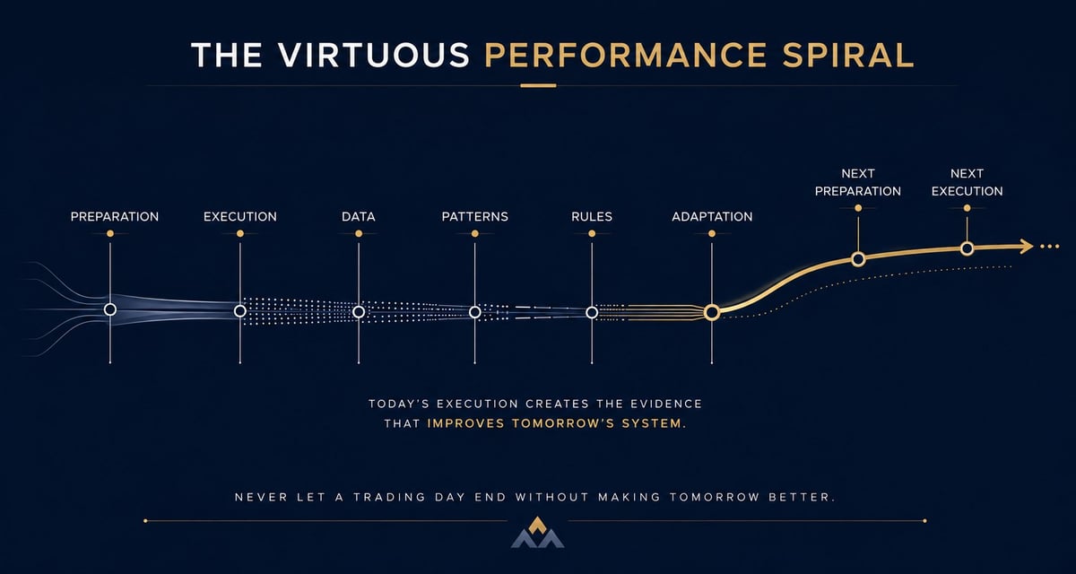 Diagram of the Virtuous Performance Spiral showing stages from Preparation through Execution with connected nodes and process flow against a dark background